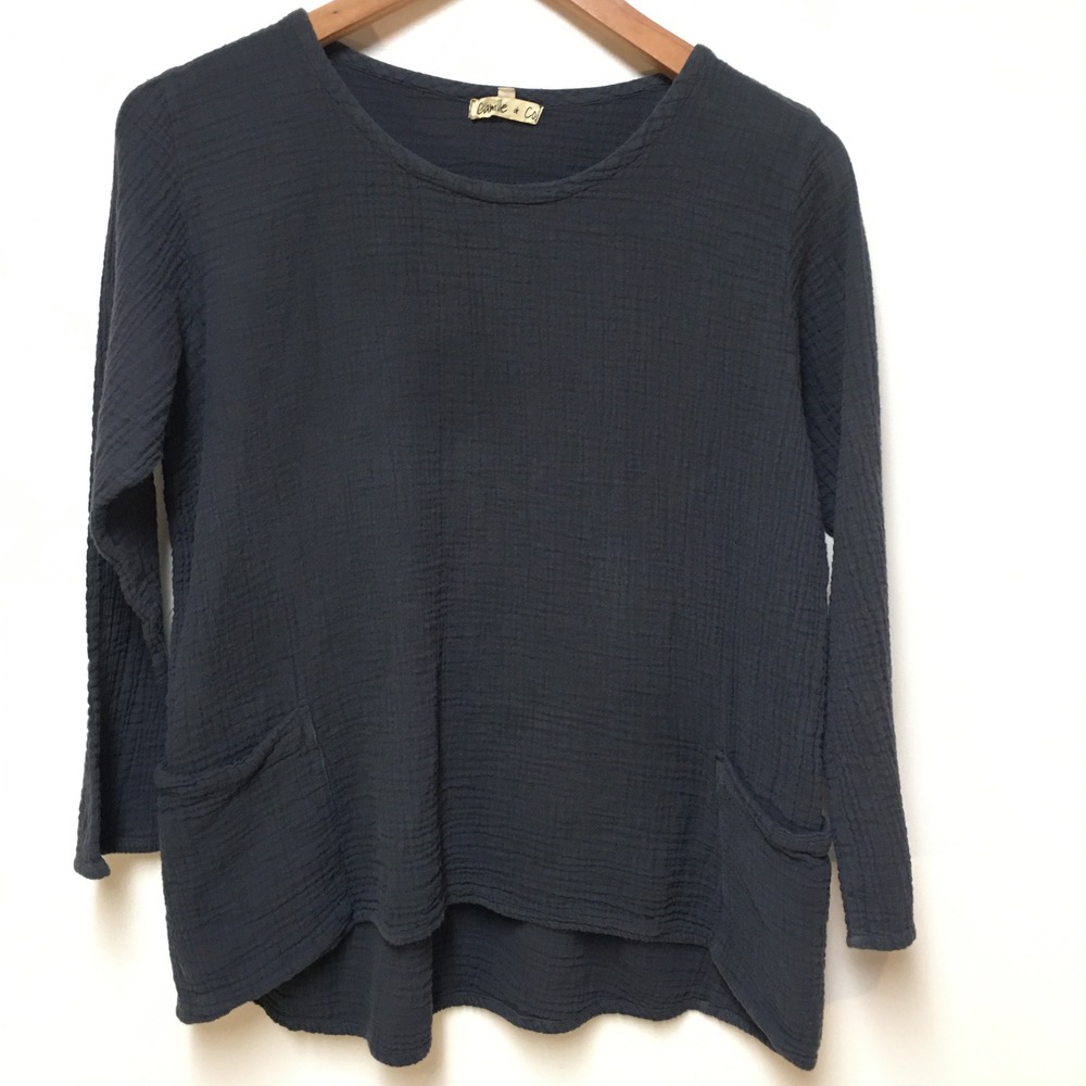 Camille & Co Gauze Top Women Medium Gray Long Sleeve Cotton High-Low Pocket
